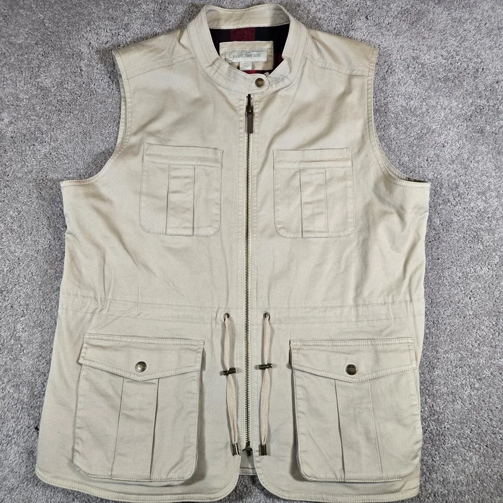 Guide Series GS Explorer Traveler Vest Mens XL Beige Plaid Lined Utility Pockets